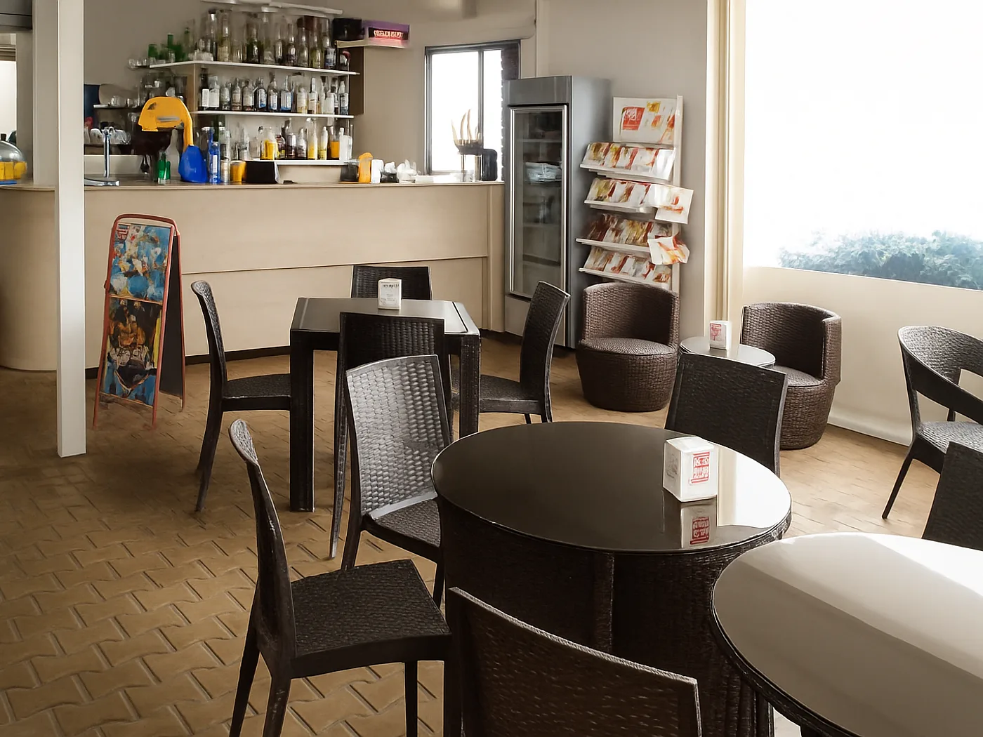 L'angolo bar di Show Lounge con bancone e tavolini neri