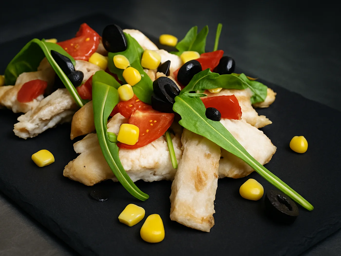 Antipasto su ardesia con rucola, mais, olive e pomodorini